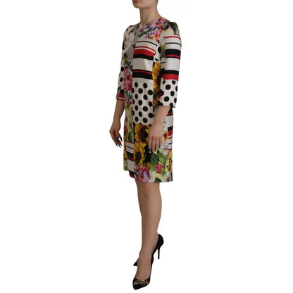 Dolce & Gabbana Multicolor Pachwork Charmeuse Floral Shift Dress, elegant figure-flattering style with artistic floral prints.