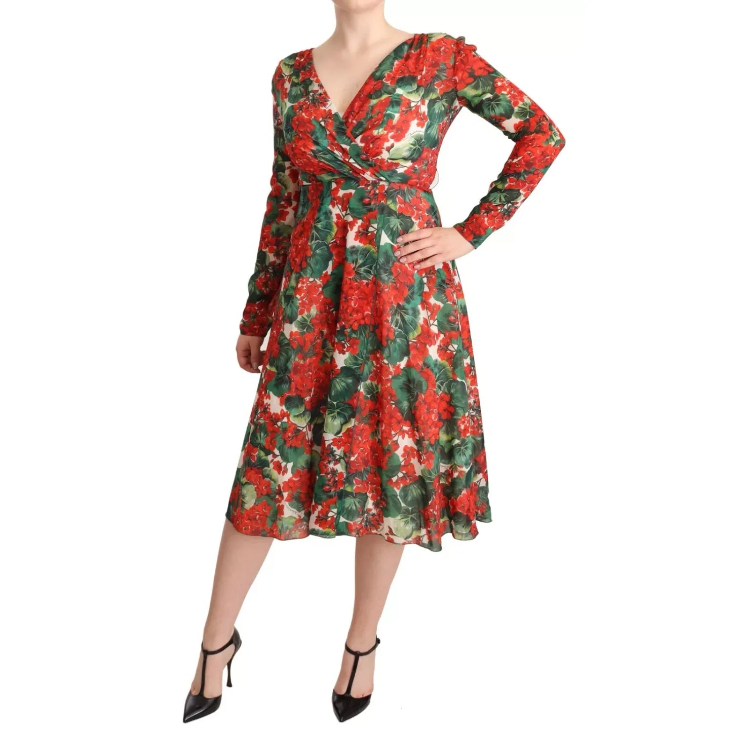 Dolce & Gabbana Multicolor Portofino-Print Shift Dress in white, red, and green floral silk, V-neck, long sleeves, zipper closure.