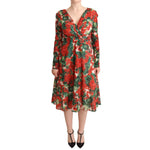 Dolce & Gabbana Multicolor Portofino-Print Shift Dress with red floral pattern, long sleeves, V-neck, made of silk, zipper closure.