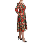 Dolce & Gabbana Multicolor Portofino-Print Shift Dress with red floral print, V-neck, long sleeves, silk material, side view on model.
