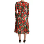 Back view of Dolce & Gabbana Multicolor Portofino-Print Shift Dress with red floral pattern, long sleeves, and tie-up detail.