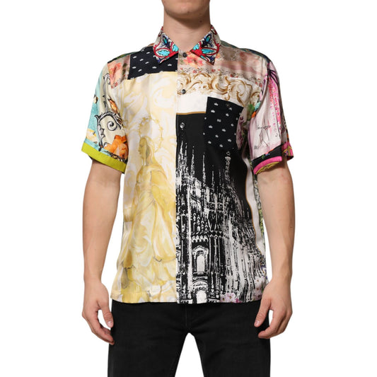 Model wearing Dolce & Gabbana Multicolor Printed Button Down Casual Shirt, made of 100% silk with a unique artistic design.