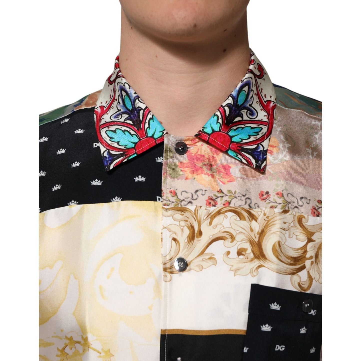 Close-up of Dolce & Gabbana Multicolor Printed Button Down Casual Shirt showcasing silk fabric and intricate floral designs.