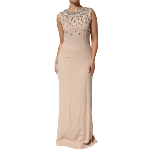 Dolce & Gabbana Nude Ecru Beaded Crystal Embellished Dress, full-length gown with crystal details, perfect for formal occasions.