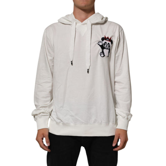 Dolce & Gabbana Off White Cotton Panda Hooded Sweatshirt Sweater with adorable panda patch and drawstrings, perfect for luxury casual wear.