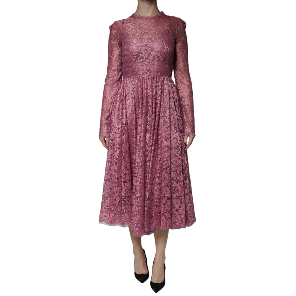 Dolce & Gabbana Pink Floral Lace Long Sleeve Midi Dress, elegant design with intricate lace and modern silhouette for stylish occasions.