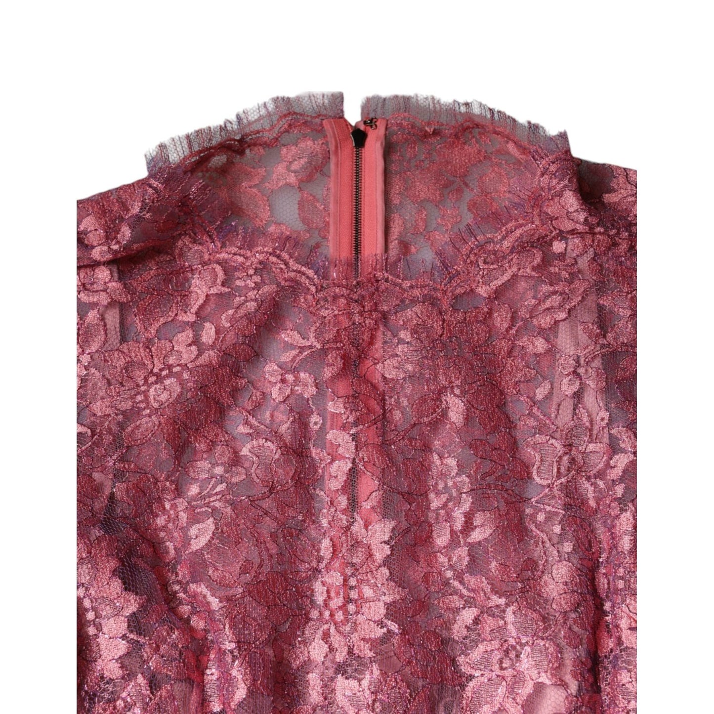 Dolce & Gabbana Pink Floral Lace Long Sleeve Midi Dress with zipper closure and elegant floral pattern
