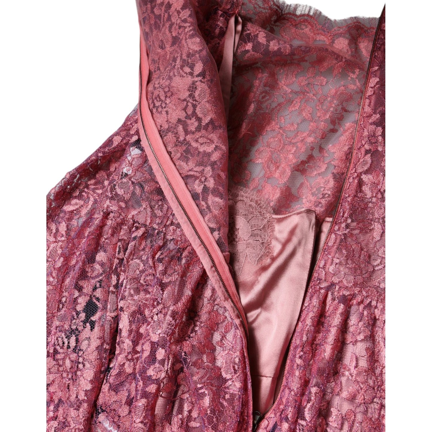 Dolce & Gabbana Pink Floral Lace Long Sleeve Midi Dress with intricate lace detailing and silk lining, close-up view.