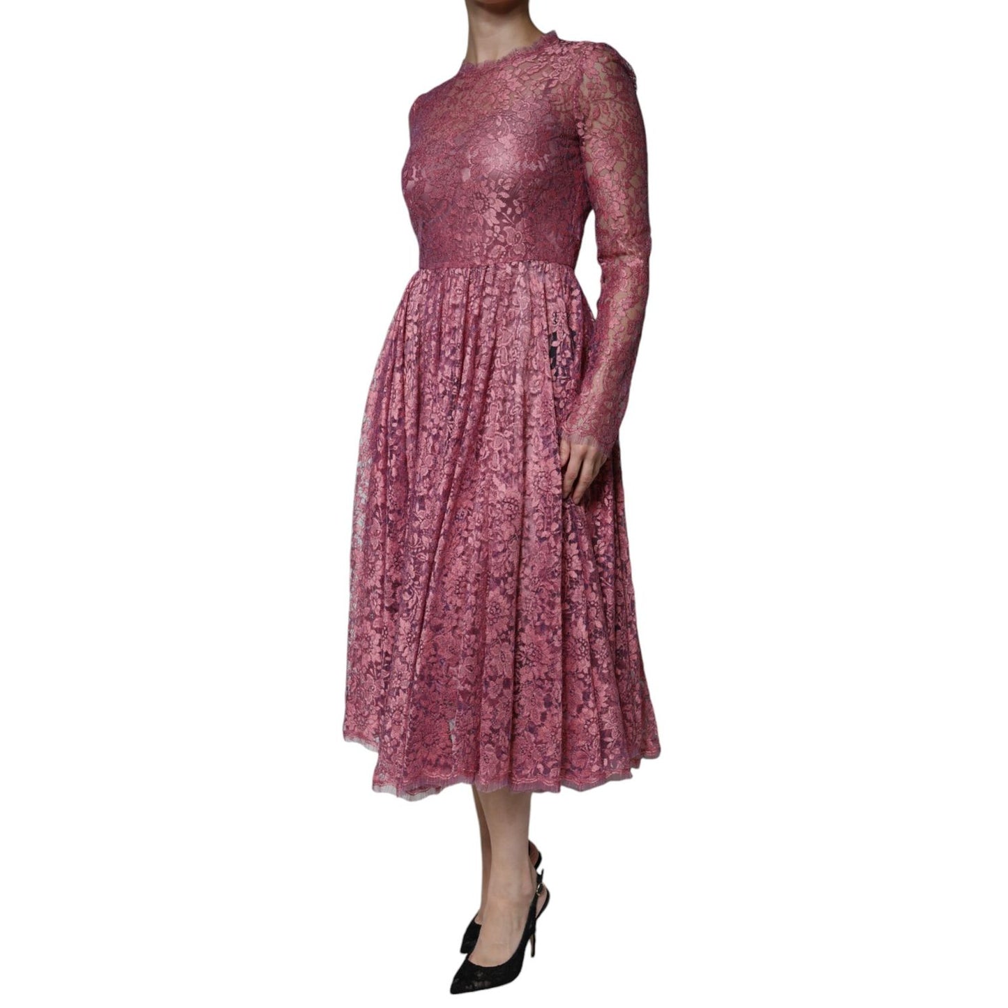 Dolce & Gabbana Pink Floral Lace Long Sleeve Midi Dress in pink lace with long sleeves, shown on a mannequin; elegant Italian fashion.