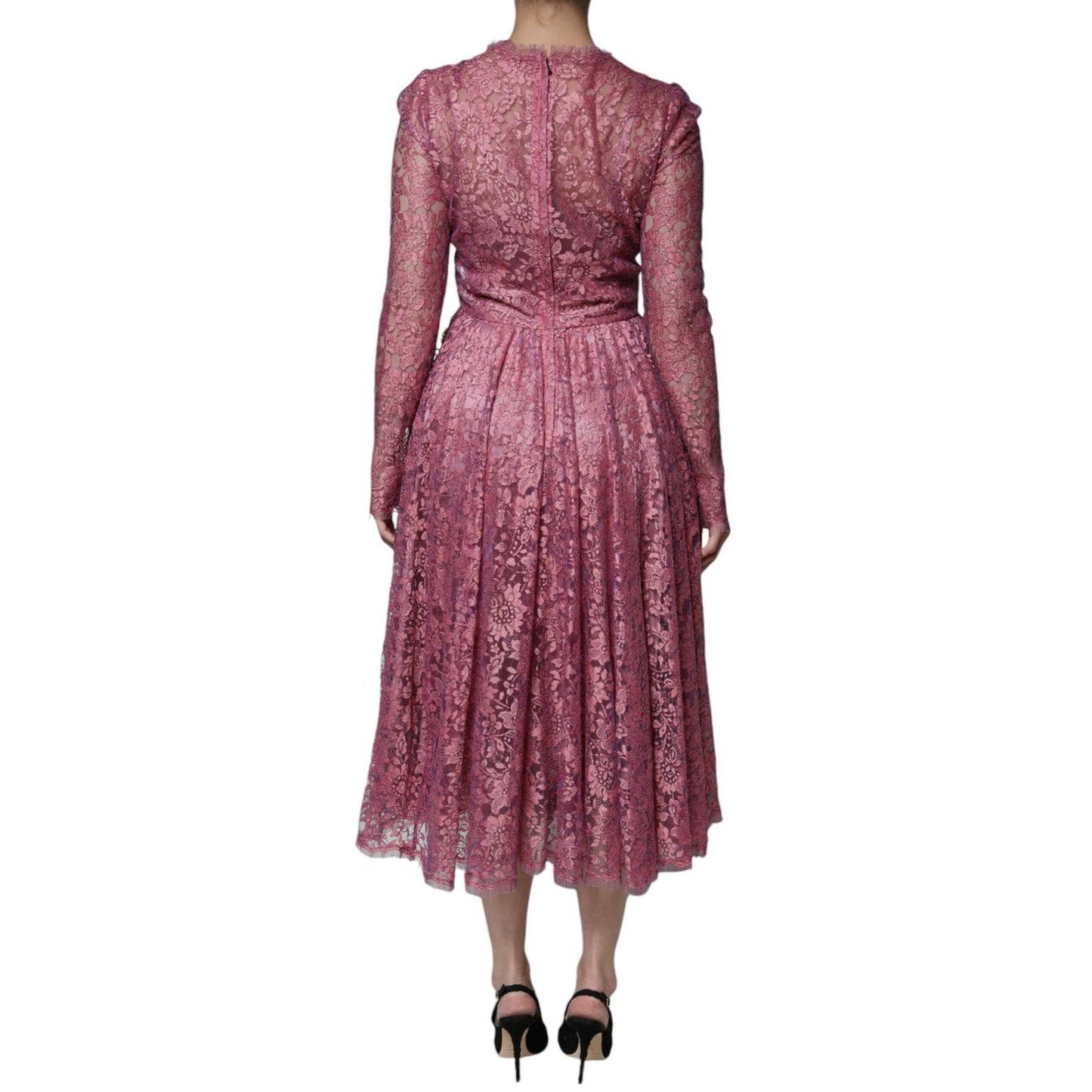 Back view of Dolce & Gabbana Pink Floral Lace Long Sleeve Midi Dress showcasing intricate lace details.