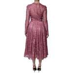Back view of Dolce & Gabbana Pink Floral Lace Long Sleeve Midi Dress showcasing intricate lace details.