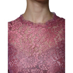 Dolce & Gabbana Pink Floral Lace Long Sleeve Midi Dress close-up showing intricate floral lace pattern and neckline details.