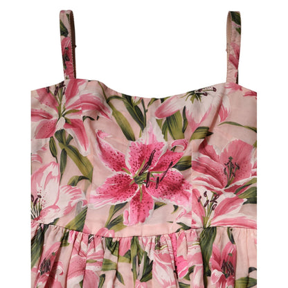 Dolce & Gabbana Pink Floral Lily Print Midi Sleeveless Dress