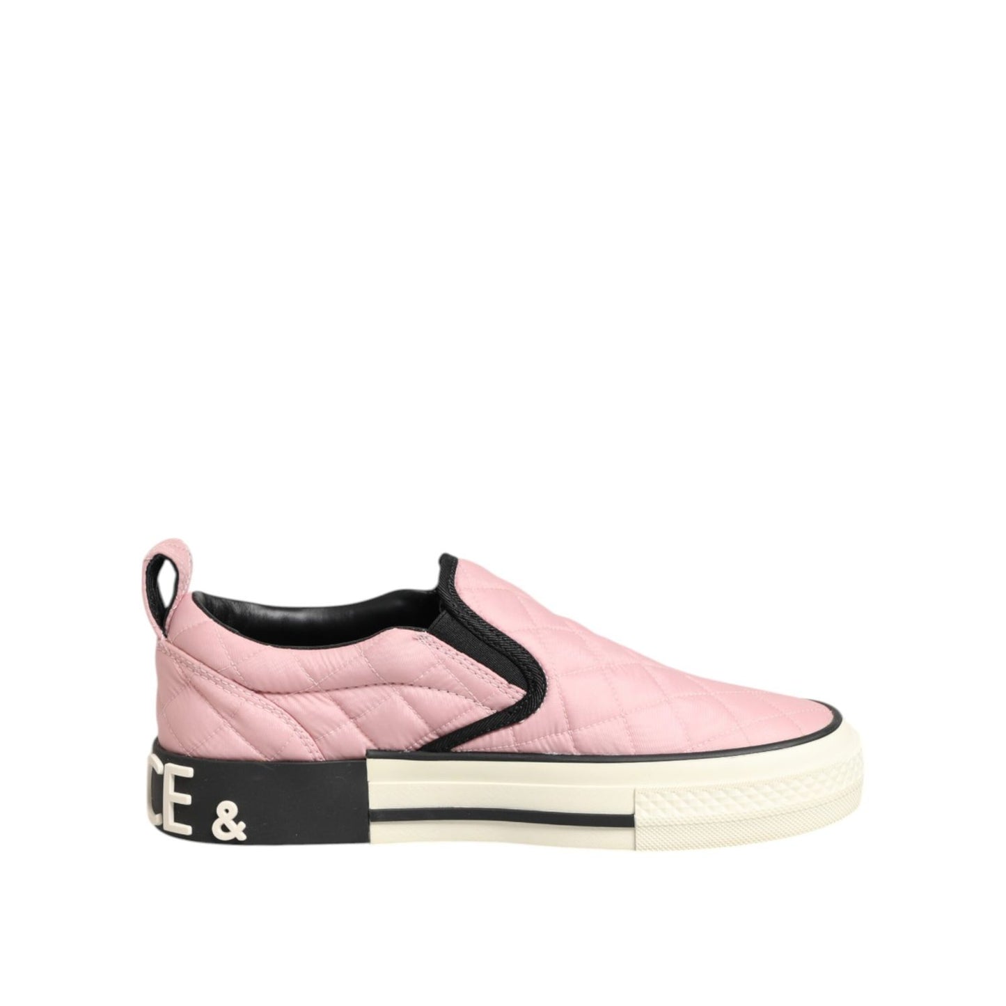 Dolce & Gabbana Pink Quilted Nylon Slip-On Sneaker Shoes with black accents and oversized branding on the heel for women.
