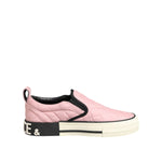 Dolce & Gabbana Pink Quilted Nylon Slip-On Sneaker Shoes with black sole and logo detail, side view.
