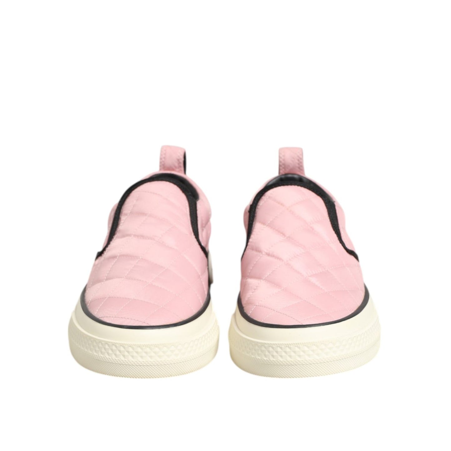Dolce & Gabbana Pink Quilted Nylon Slip-On Sneaker Shoes with black sole and plush quilted finish, front view.