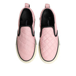 Top view of Dolce & Gabbana Pink Quilted Nylon Slip-On Sneaker Shoes with black trim and sole.