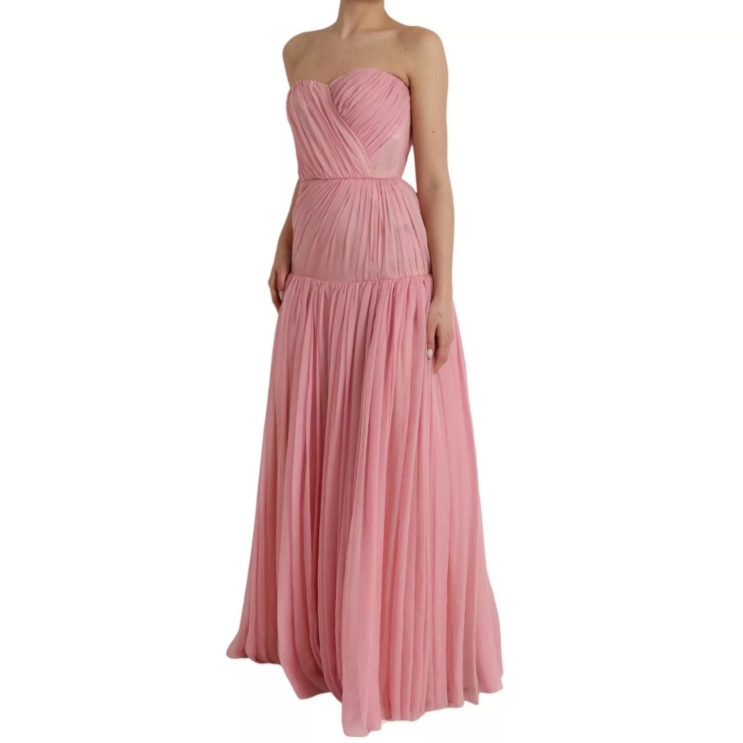 Dolce & Gabbana Pink Silk Strapless Maxi A-line Gown Dress with zipper closure, elegant pink silk evening wear