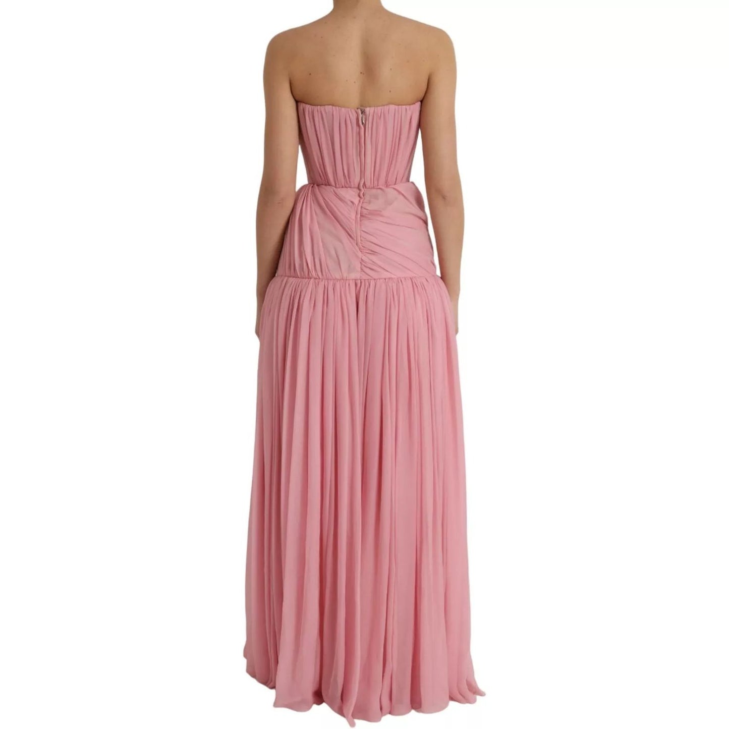 Dolce & Gabbana Pink Silk Strapless Maxi A-line Gown Dress with zipper closure, back view.