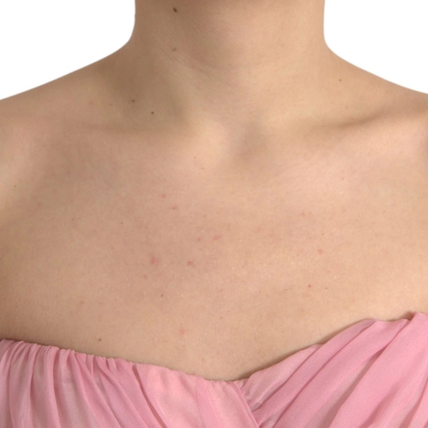 Close-up of Dolce & Gabbana Pink Silk Strapless Maxi A-line Gown Dress upper bodice detail.