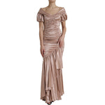 Dolce & Gabbana Pink Silk Stretch Sheath Mermaid Gown Dress with off-shoulder design and elegant ruffles on a mannequin.