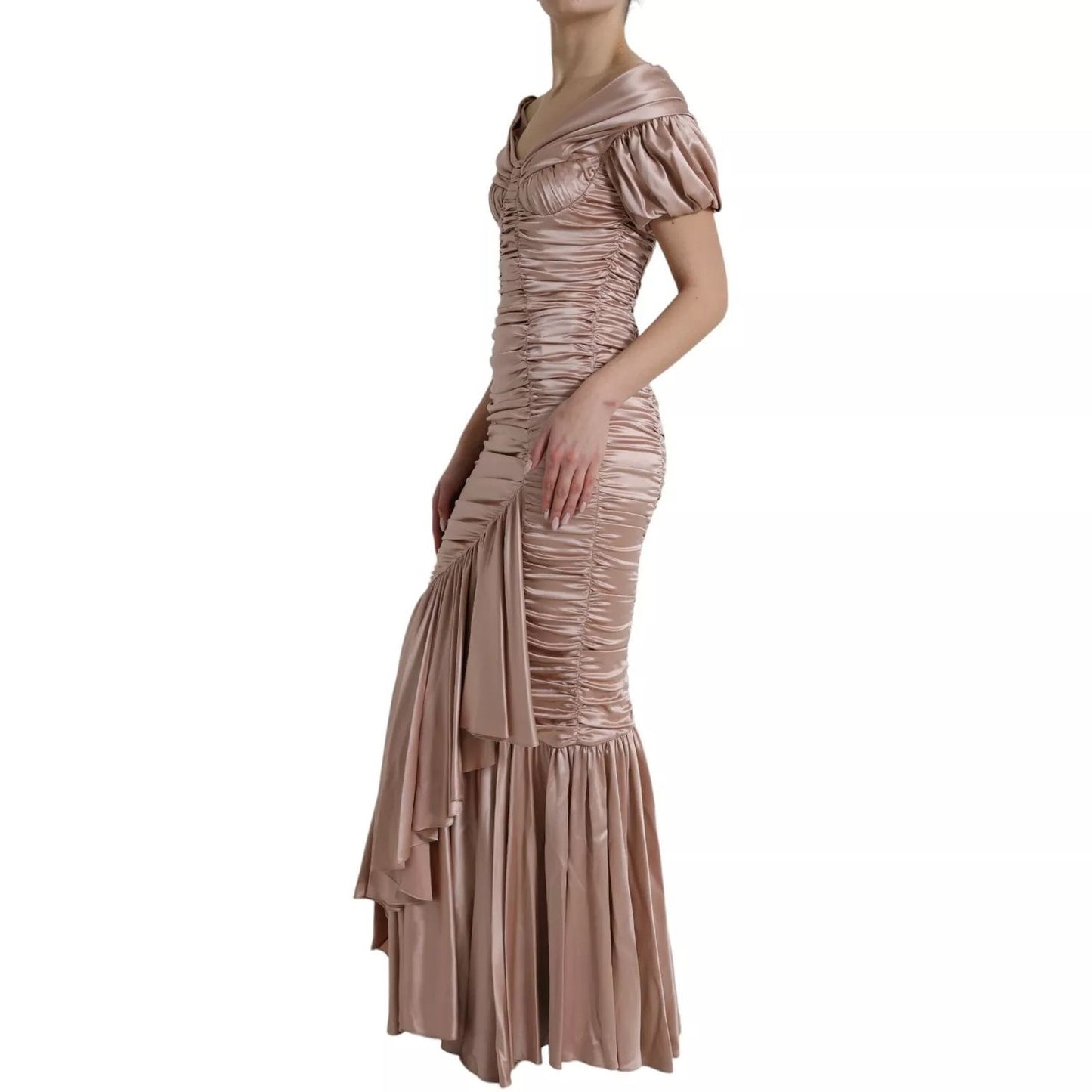 Dolce & Gabbana Pink Silk Stretch Sheath Mermaid Gown Dress with logo details and zipper closure, made in Italy.