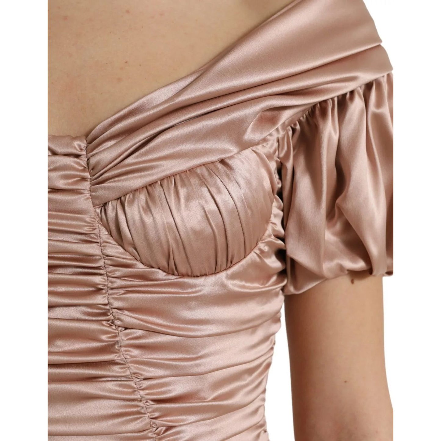 Close-up of Dolce & Gabbana Pink Silk Stretch Sheath Mermaid Gown Dress showcasing luxurious silk fabric and elegant design details.