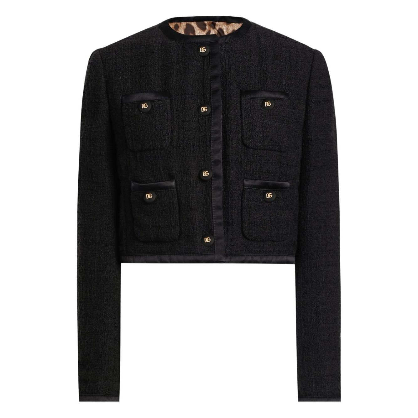 Dolce & Gabbana Rachel Tweed Jacket in black, featuring front button fastening, crew neck, and four patch pockets with buttoned cuffs.