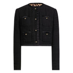 Dolce & Gabbana Rachel Tweed Jacket in black, featuring front button fastening, crew neck, and four patch pockets with buttoned cuffs.