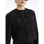 Dolce & Gabbana Rachel Tweed Jacket in black cotton blend with front button fastening, crew neck, and four patch pockets.