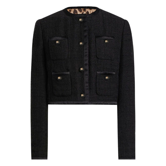 Dolce & Gabbana Rachel Tweed Jacket in black, featuring front button fastening, crew neck, and four patch pockets with buttoned cuffs.
