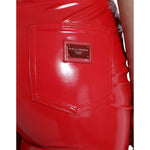 Dolce & Gabbana Red High Waist Skinny Trouser Shiny Pants with logo patch on back pocket