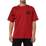 Model wearing Dolce & Gabbana Red Logo Print Cotton Short Sleeve T-shirt, featuring DG logo, crew neck design, made from 100% cotton.