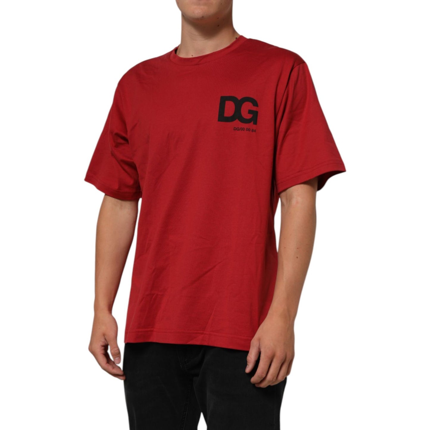 Dolce & Gabbana Red Logo Print Cotton Short Sleeve T-shirt on model showcasing DG logo