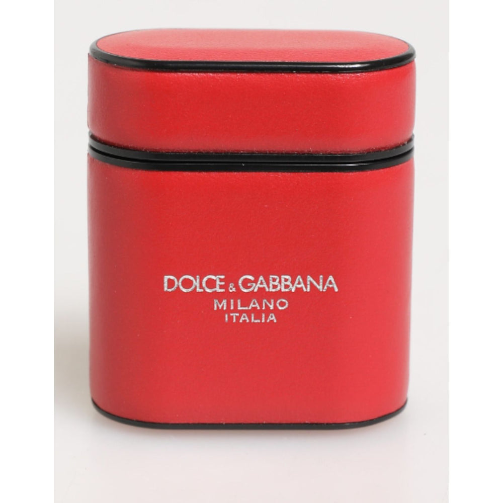 Dolce & Gabbana Red White Calfskin Leather Logo Flip Holder Airpods Case with strap