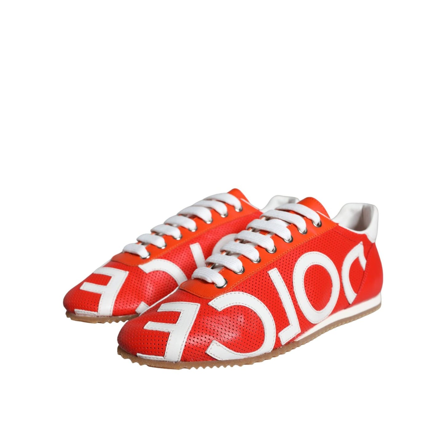 Dolce & Gabbana Red White Leather Logo Casual Sneakers Shoes with rubber sole and lace-up closure, featuring multicolor design.