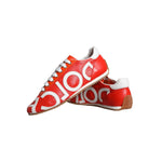 Dolce & Gabbana Red White Leather Logo Casual Sneakers Shoes with rubber sole and lace-up closure on display.