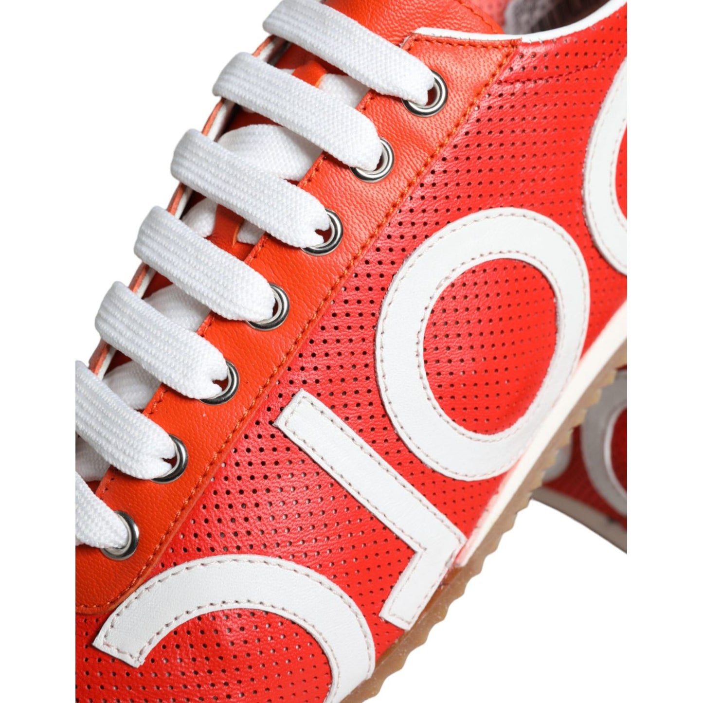 Dolce & Gabbana Red White Leather Logo Casual Sneakers Shoes with lace-up closure and durable rubber sole, made in Italy.