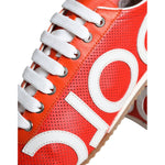 Dolce & Gabbana Red White Leather Logo Casual Sneakers Shoes with lace-up closure and durable rubber sole, made in Italy.