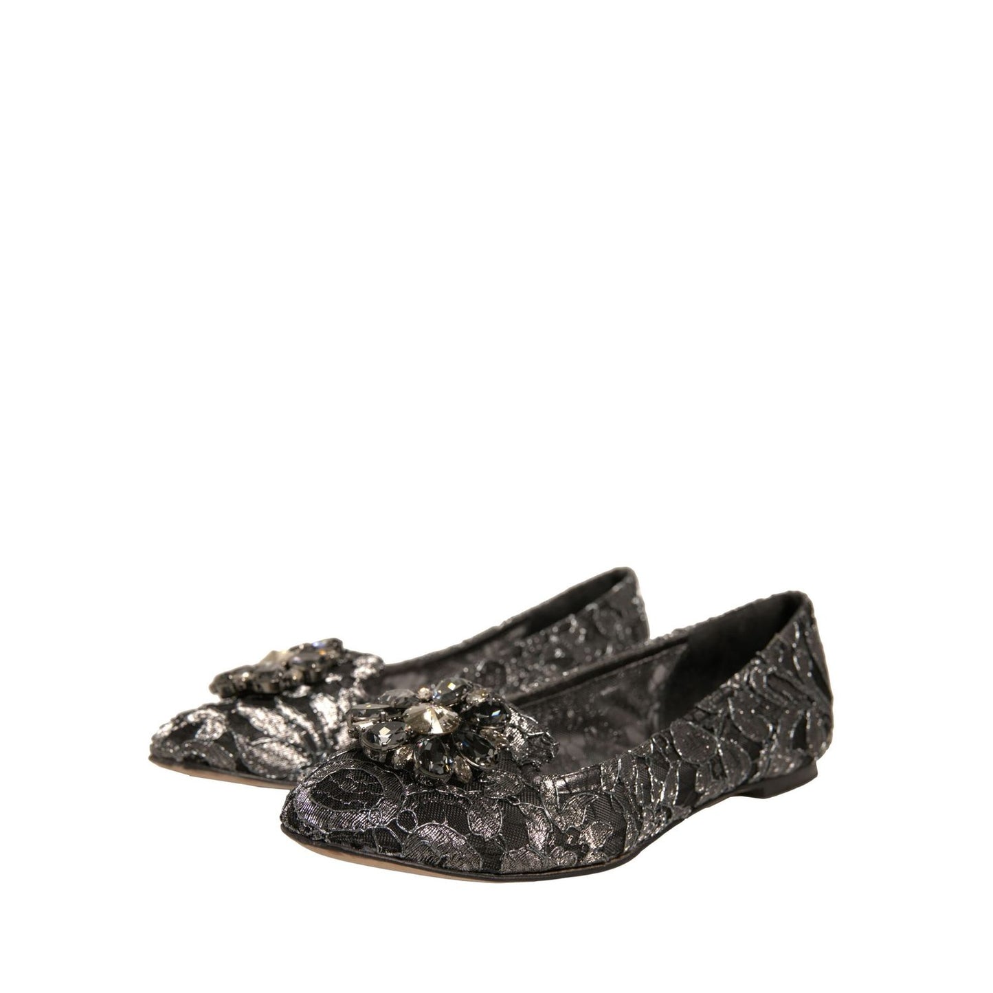 Dolce & Gabbana Silver Crystal Loafer Lace Ballet Flats Shoes with floral lace and crystal buckle design, stylish and elegant footwear.