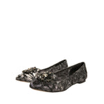 Dolce & Gabbana Silver Crystal Loafer Lace Ballet Flats Shoes with floral lace and crystal buckle design, stylish and elegant footwear.