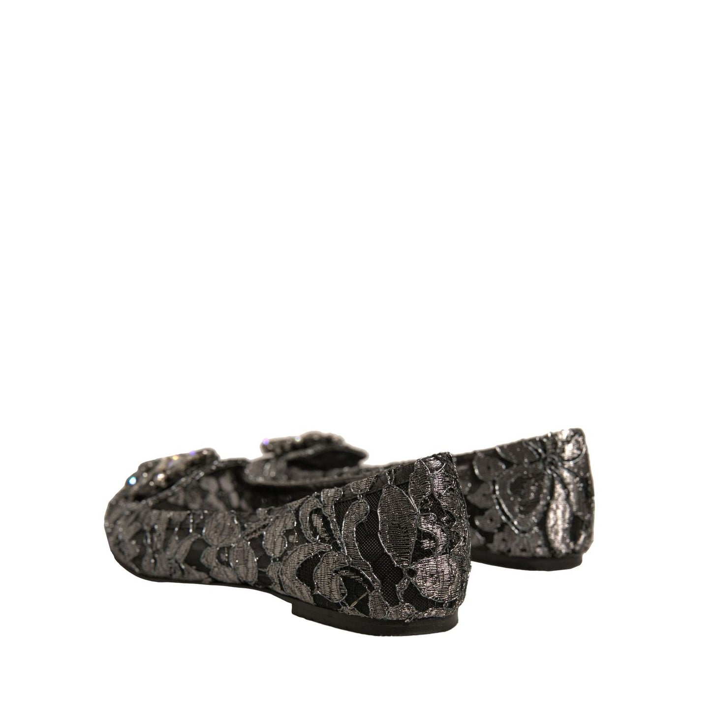 Dolce & Gabbana Silver Crystal Loafer Lace Ballet Flats Shoes in floral lace with crystal buckle, rear view, 83% nylon, 17% polyester.