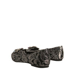 Dolce & Gabbana Silver Crystal Loafer Lace Ballet Flats Shoes in floral lace with crystal buckle, rear view, 83% nylon, 17% polyester.