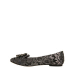 Dolce & Gabbana Silver Crystal Loafer Lace Ballet Flats Shoes with floral lace and crystal buckle detail, left side view.