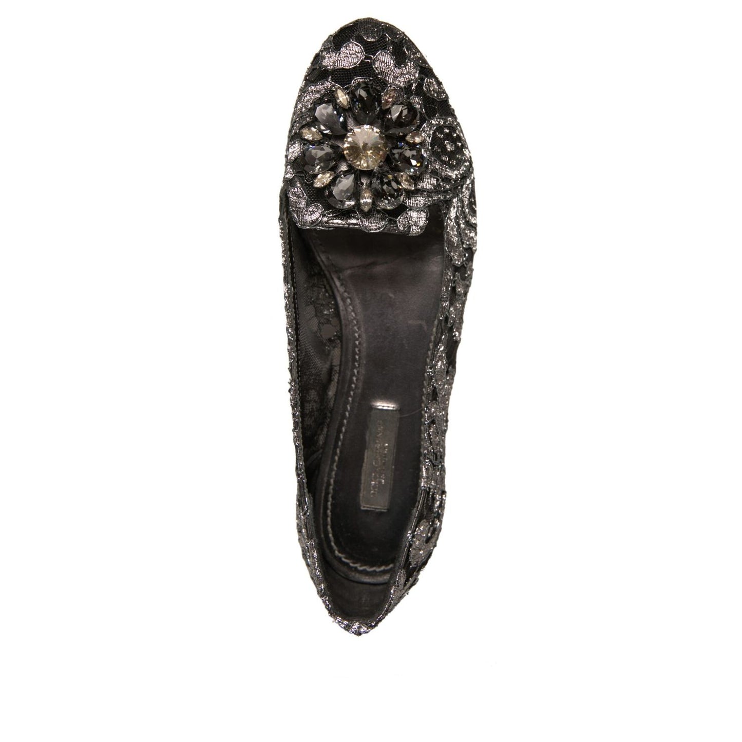 Dolce & Gabbana Silver Crystal Loafer Lace Ballet Flats Shoes with floral lace and crystal buckle detail on flat sole.
