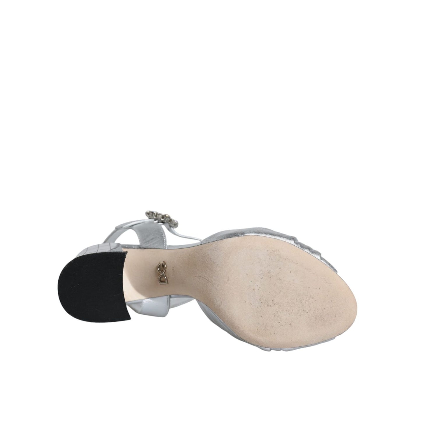 Dolce & Gabbana Silver Mirror Heels KEIRA Sandals Shoes showing sole view with logo, featuring silver lamb leather and ankle strap.