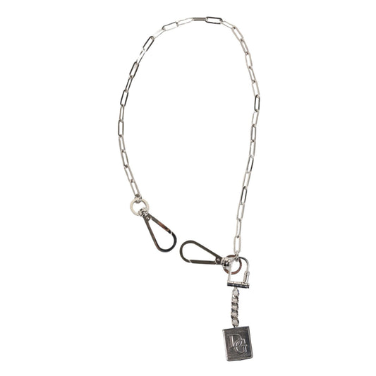 Dolce & Gabbana Silver Tone Metal Chain DG Logo Pendant Men Necklace with polished finish, embodying iconic style. Made in Italy.