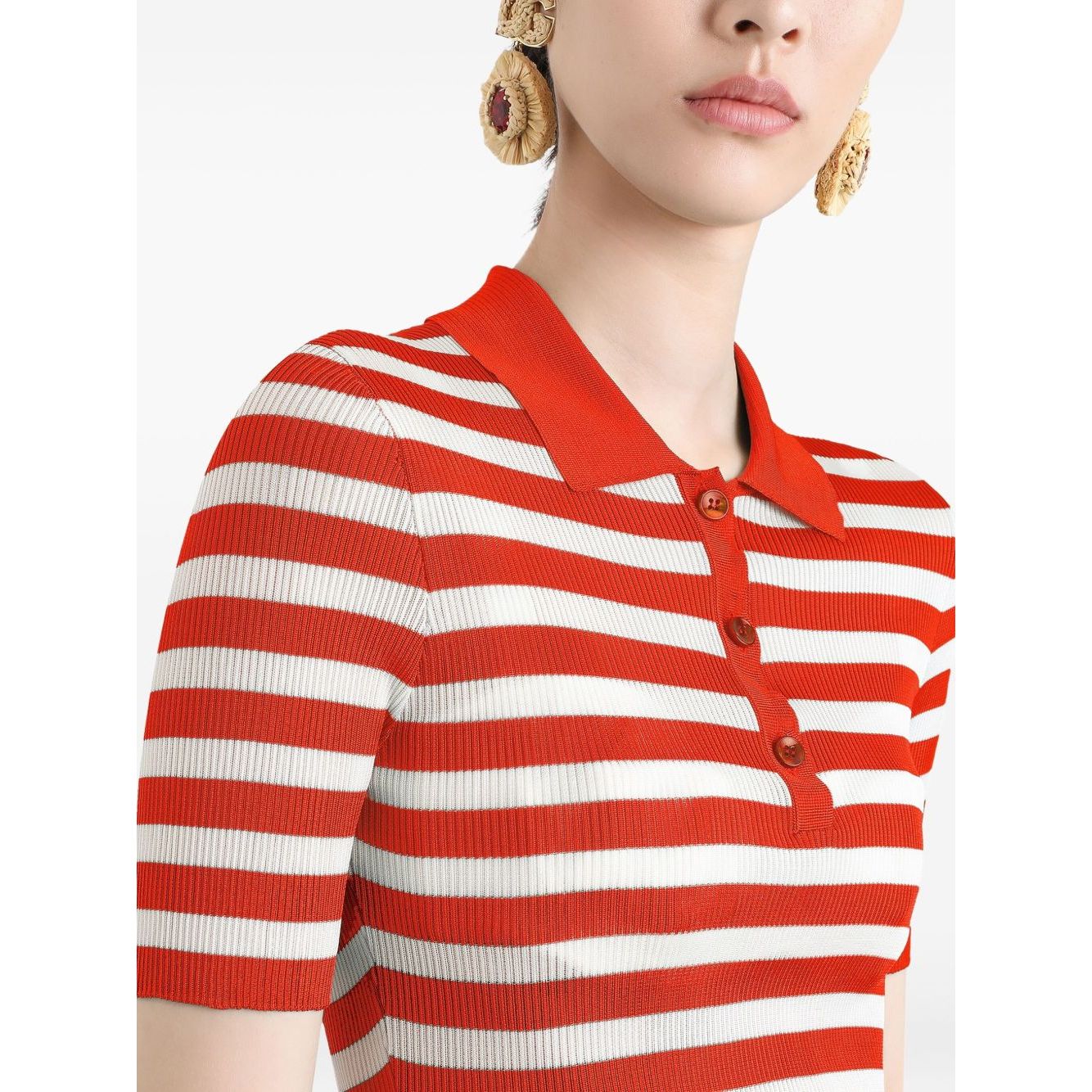 Dolce & Gabbana Striped Polo Top with white front button placket, short sleeves, straight hem, and tonal logo plaque.