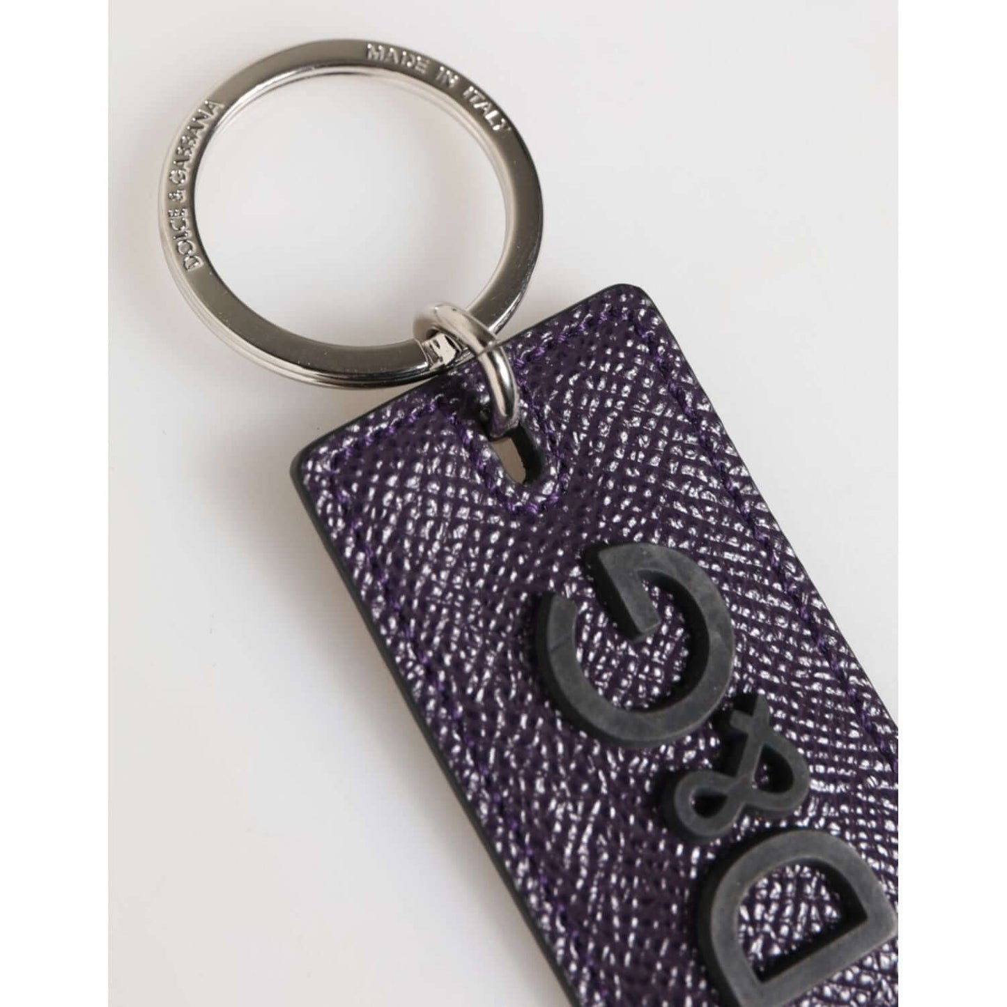 Dolce & Gabbana Violet Leather Logo Metal Ring Men Keychain Keyring with elegant calf leather and silver detailing, made in Italy.