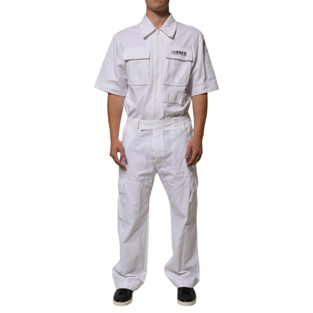 Dolce & Gabbana White Barcode Patch Utility Zip Jumpsuit Pants in cotton with front zipper, short sleeves, and cargo pockets.